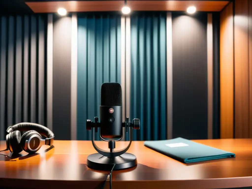 Un elegante estudio de podcasting con equipo profesional y sonido acogedor