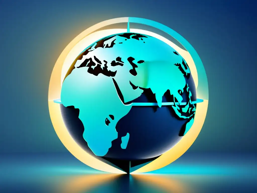 Un elegante globo terráqueo moderno con líneas que conectan diversas ciudades internacionales, superpuesto con logotipos de marcas globales