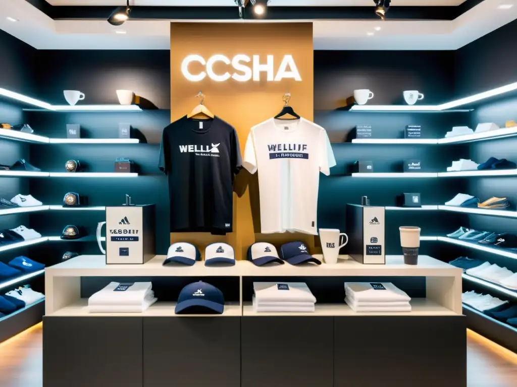 Exhibición elegante de merchandising con marcas conocidas, iluminación profesional y diseño minimalista