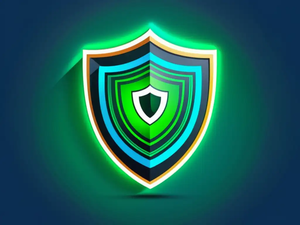 Un elegante y moderno escudo digital protege el logo de la marca en un entorno de alta tecnología, con firewalls, códigos de encriptación y biometría