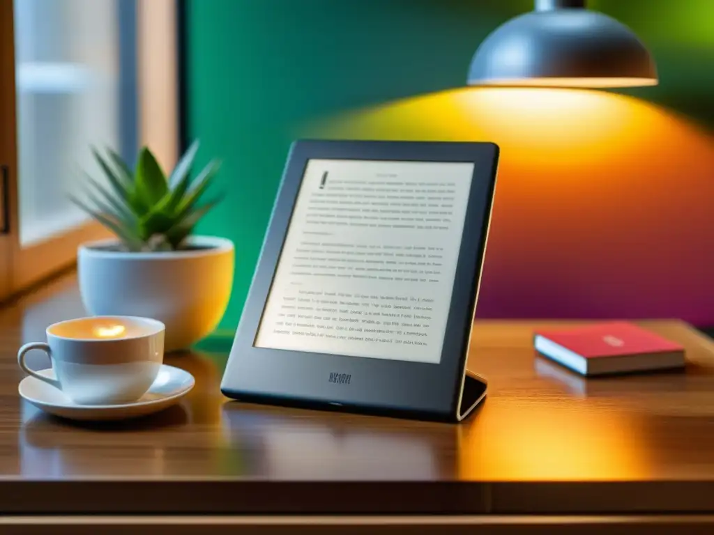 Un elegante ereader muestra una portada de libro digital vibrante en una atmósfera acogedora