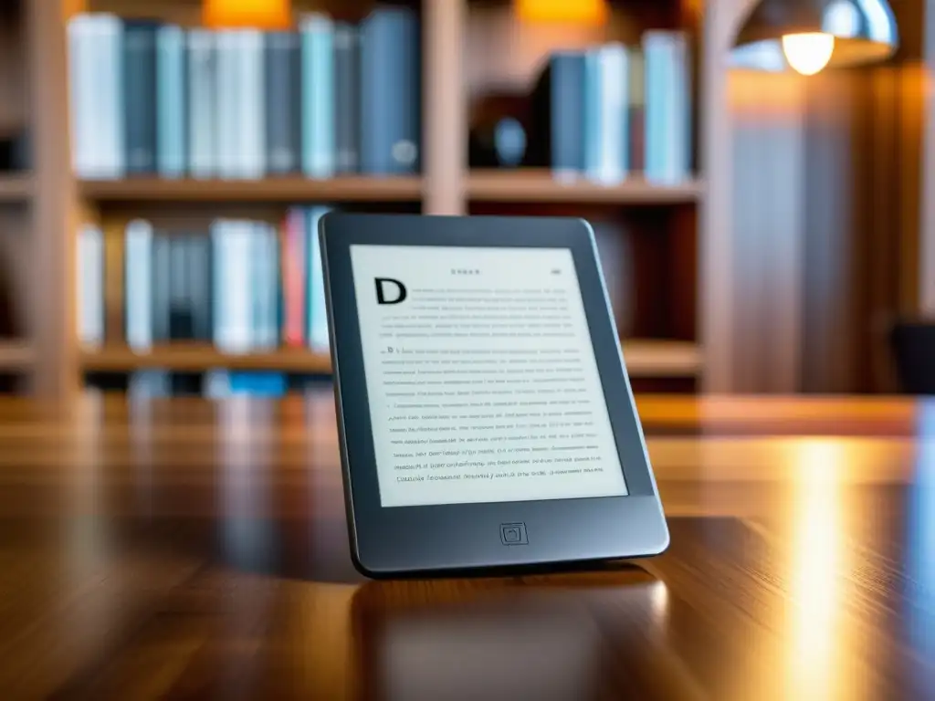 Una elegante protección legal para ebooks: ereader moderno en un escritorio de madera pulida, iluminado cálidamente