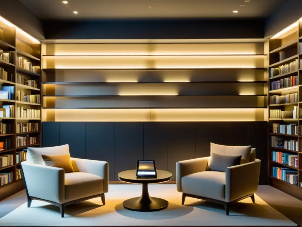 Un elegante salón de biblioteca iluminado con tablets digitales en lugar de libros, reflejando la era moderna de derechos de autor en libros digitales