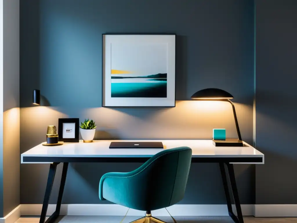 Un elegante y sereno espacio de oficina con un escritorio moderno, silla llamativa y una iluminación suave