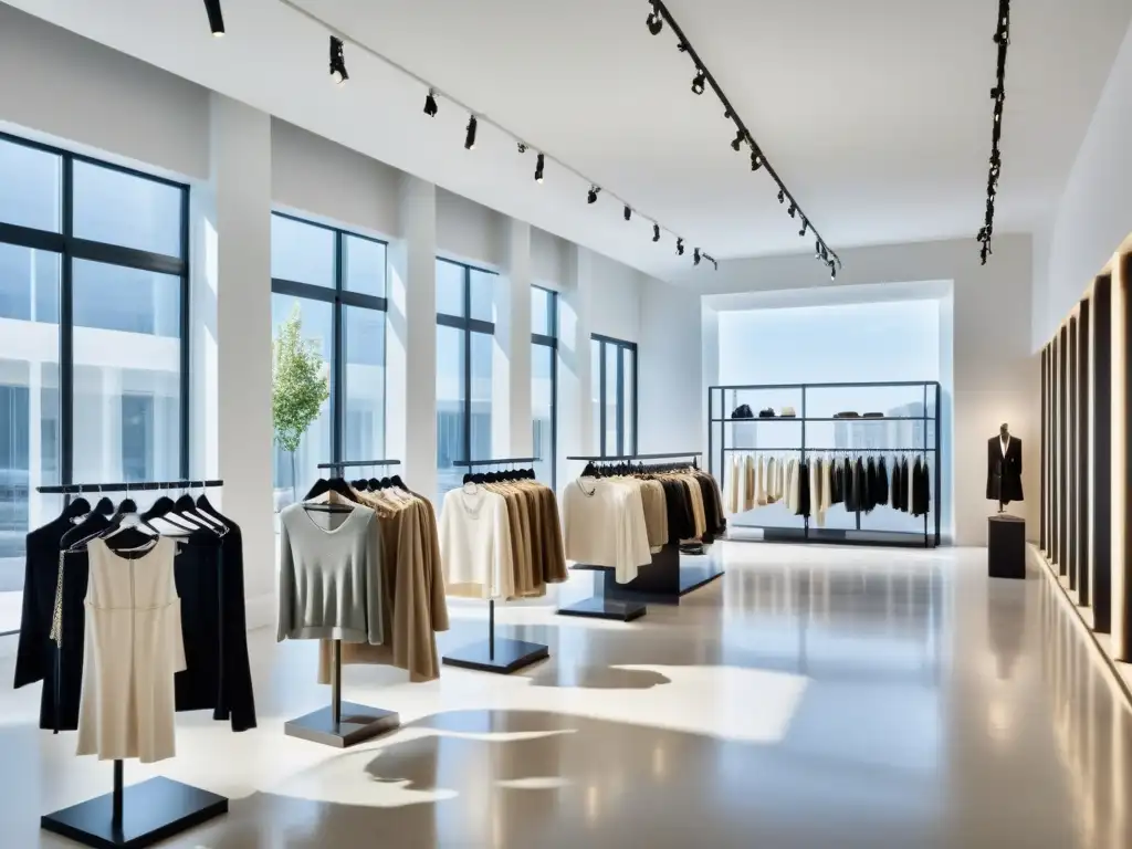 Un elegante showroom de moda con ropa y decoración minimalista