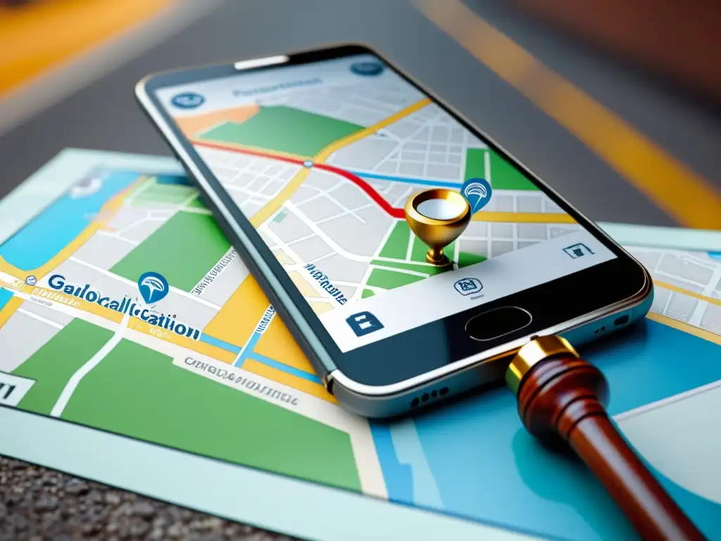 Un elegante smartphone muestra un mapa con un pin en una calle de la ciudad, rodeado de documentos legales y un martillo, simbolizando las implicaciones legales de la geolocalización de marcas