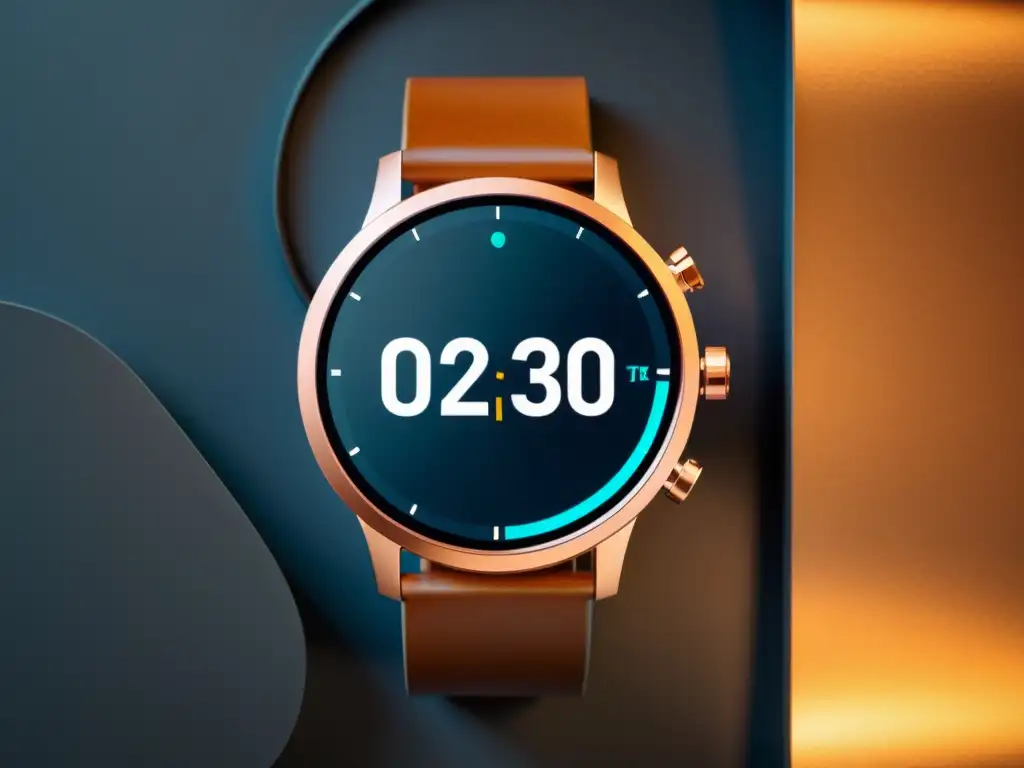 Un elegante smartwatch con una pantalla personalizable y futurista, en un entorno profesional y sofisticado