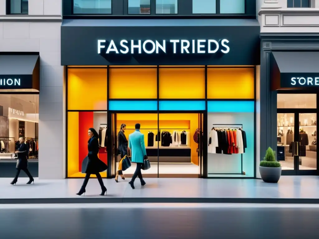 Una elegante tienda de moda moderna con un llamativo letrero, ventanas grandes y el bullicio de la ciudad