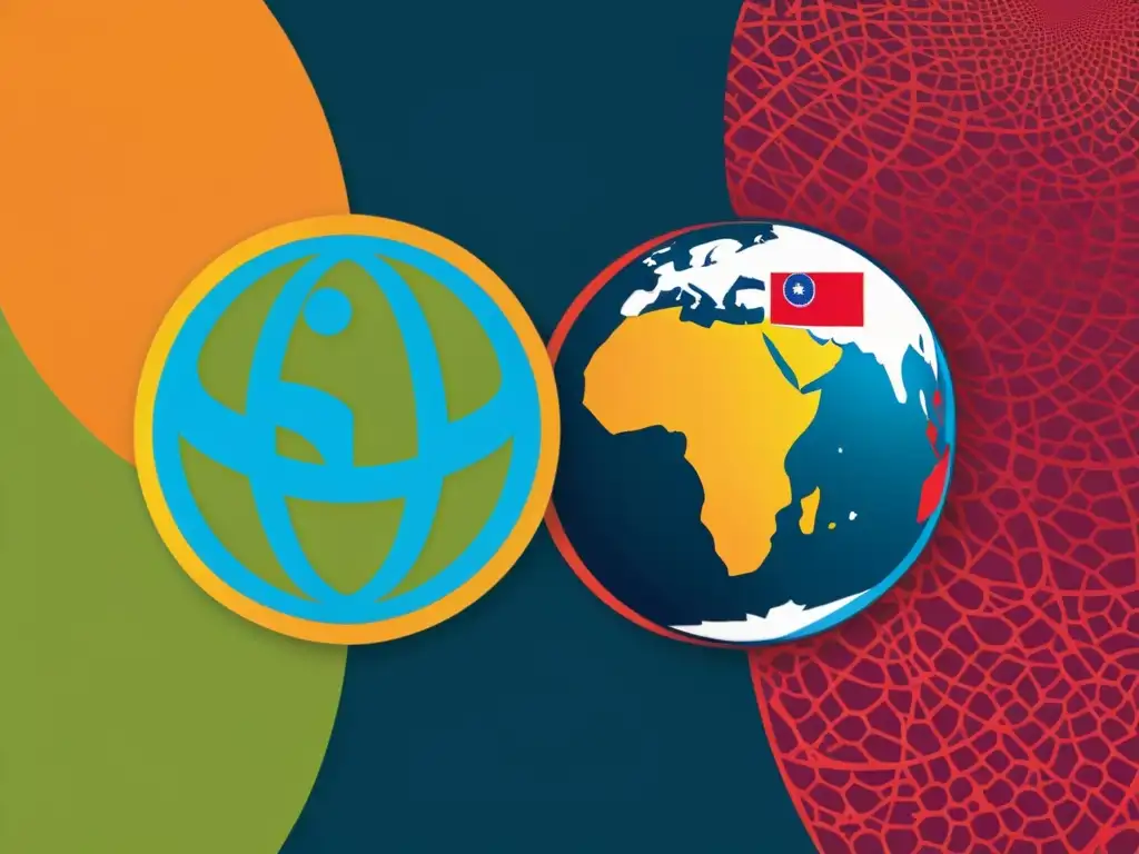 Dos elegantes logotipos, uno global y otro local, con intrincados patrones superpuestos que simbolizan cooperación internacional y coexistencia