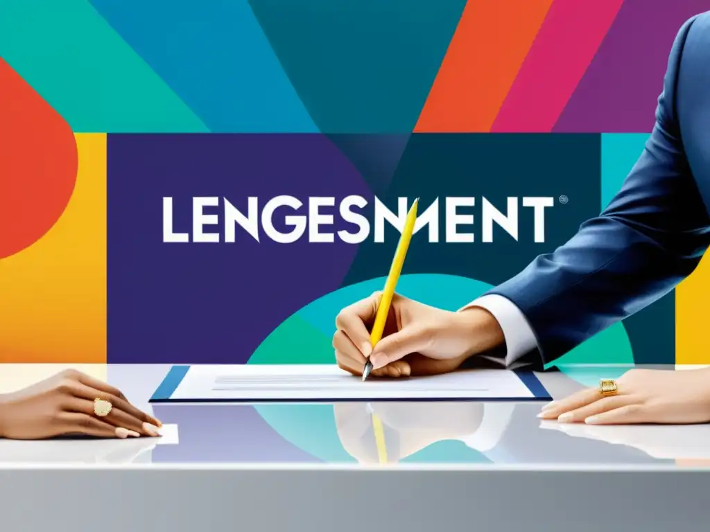 Un emocionante acuerdo de licencias de marcas se firma en un entorno profesional y dinámico, transmitiendo oportunidad y colaboración