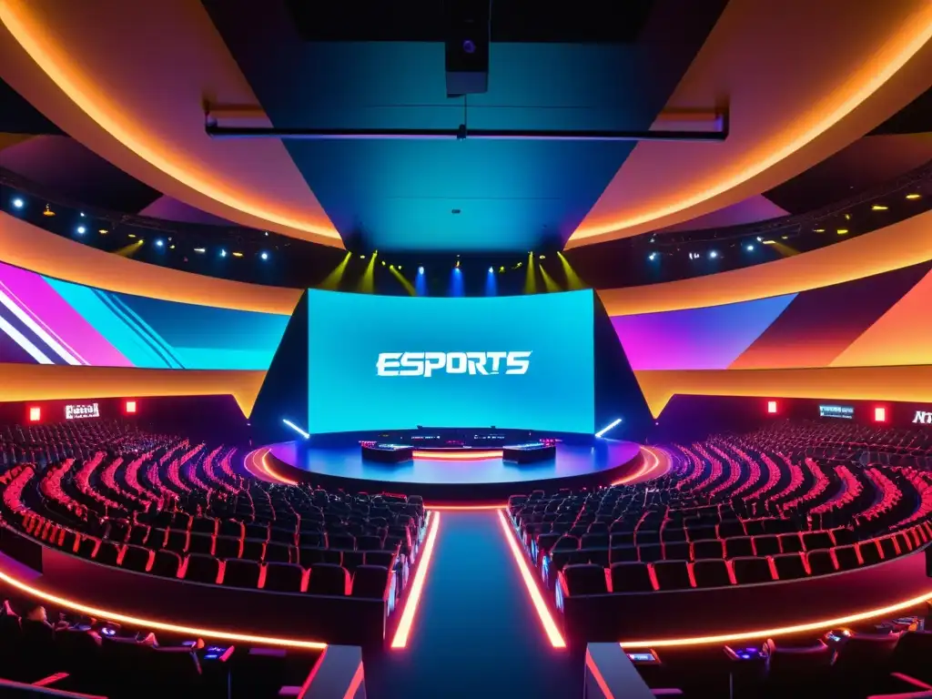 Una emocionante arena de esports futurista con fanáticos entusiastas, jugadores profesionales y tecnología de vanguardia