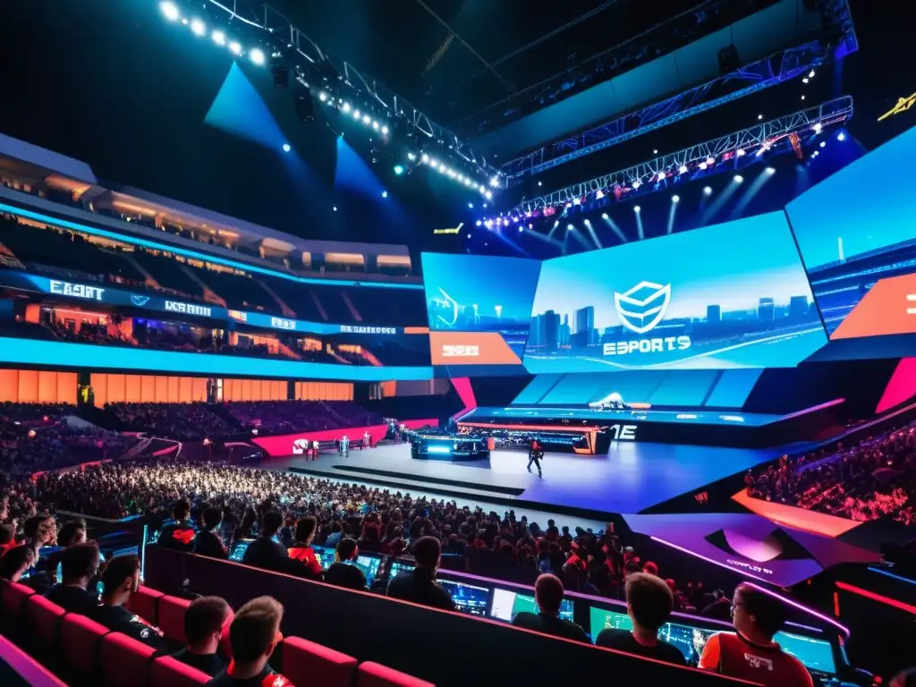 Un emocionante evento de eSports con equipos compitiendo en un estadio futurista lleno de fans entusiastas