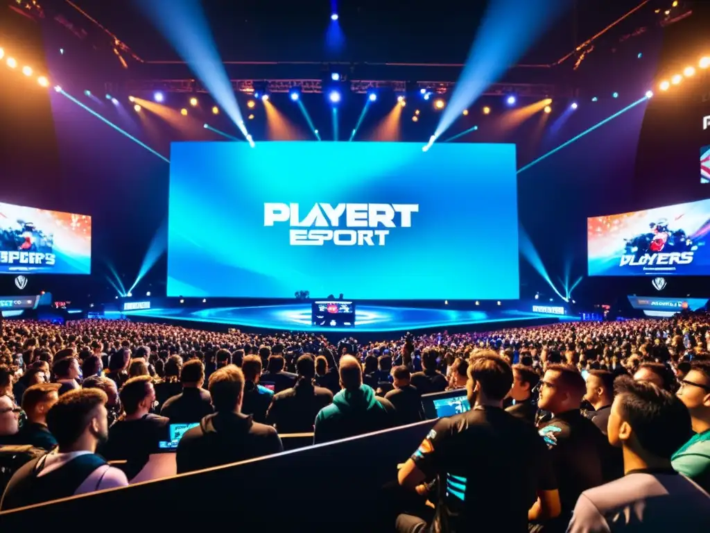 Un emocionante evento de eSports con jugadores compitiendo en un escenario futurista, rodeados de pantallas LED vibrantes y una audiencia cautivada