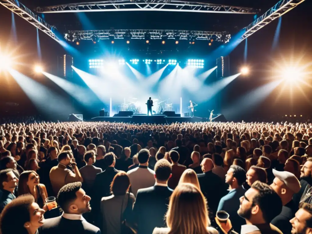 Una emocionante multitud llena un moderno recinto de conciertos, con equipos profesionales de iluminación y sonido en el escenario