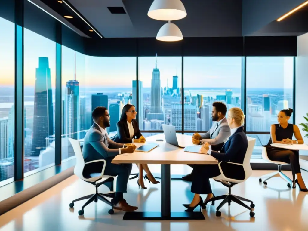 Emprendedores diversificados discuten ideas en oficina moderna con vista a la ciudad