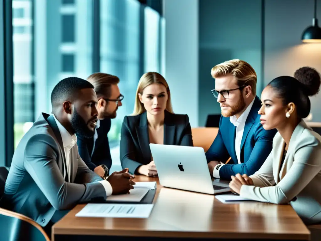 Emprendedores discutiendo errores fatales en propiedad intelectual para startups, en una oficina moderna y profesional