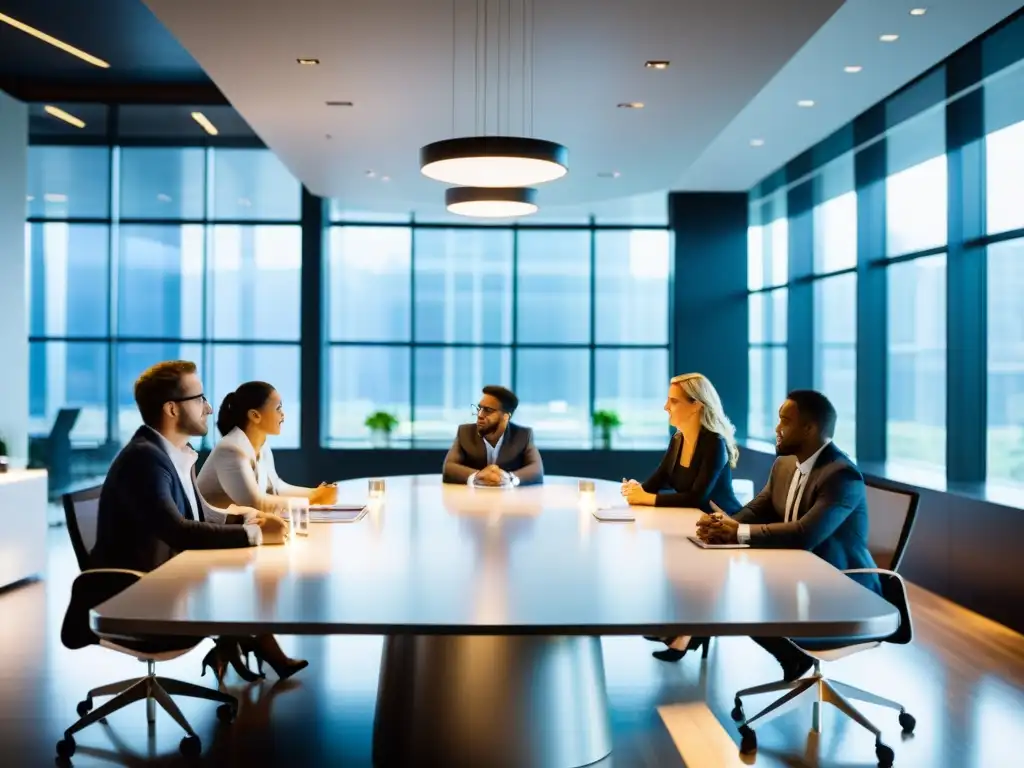 Emprendedores en intensa reunión estratégica en sala moderna, reflejando innovación y determinación