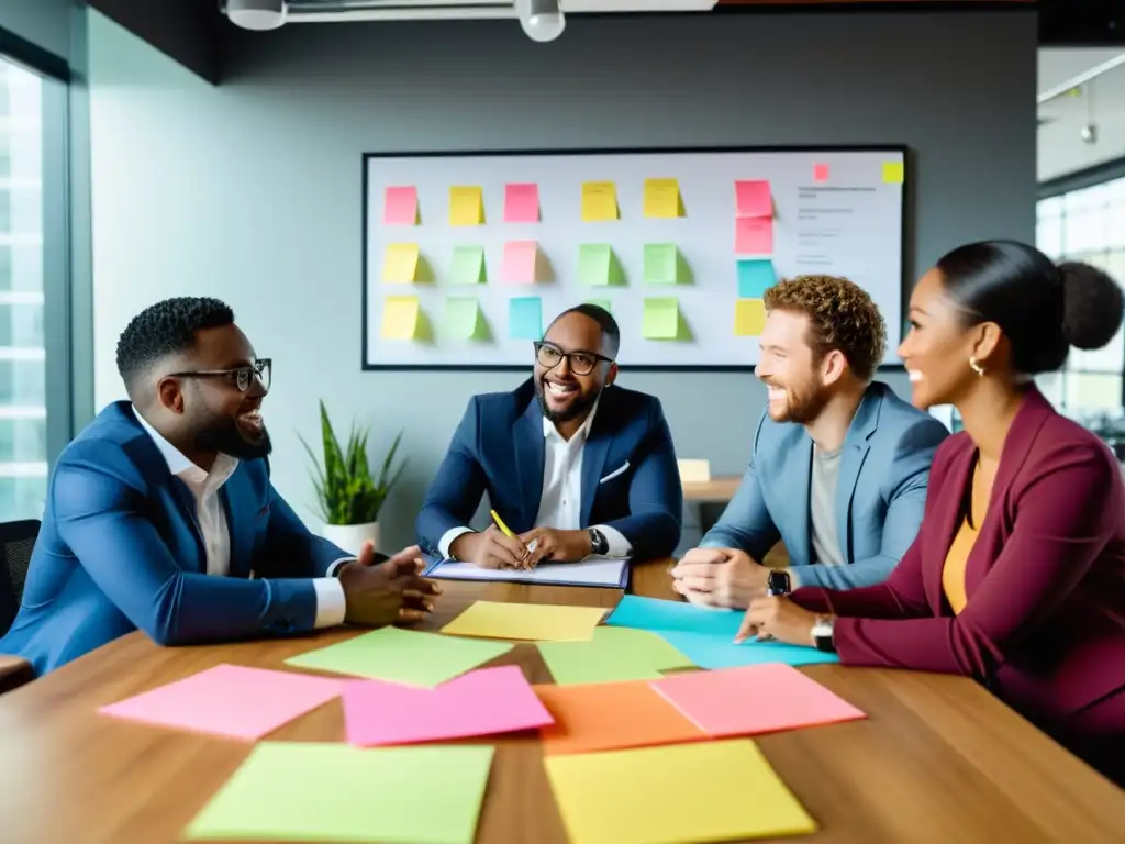 Emprendedores colaboran en una oficina moderna, discutiendo proyectos innovadores