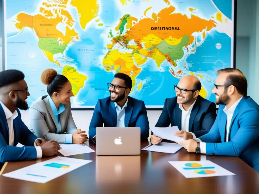 Emprendedores internacionales protegiendo marcas Emprendedores discuten registro de marcas internacionales en un ambiente profesional y colaborativo, con documentos y mapa mundial sobre la mesa