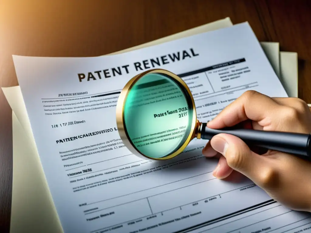 Un enfoque detallado de una mano sosteniendo una lupa sobre documentos de renovación de patentes