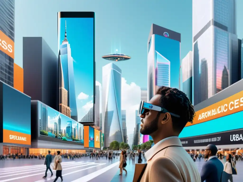 Entidades de gestión en realidad aumentada: Ciudad futurista con hologramas y AR integrado en la vida diaria