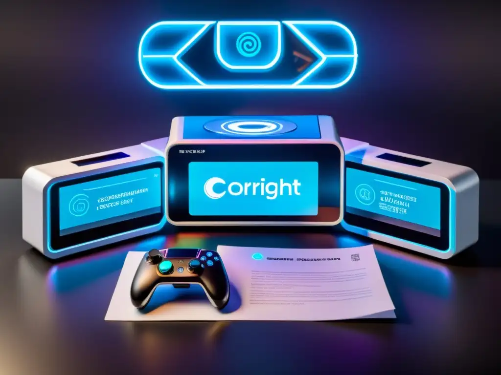 Un entorno futurista de videojuegos con hologramas de leyes de copyright, representando el desarrollo del derecho de autor en videojuegos