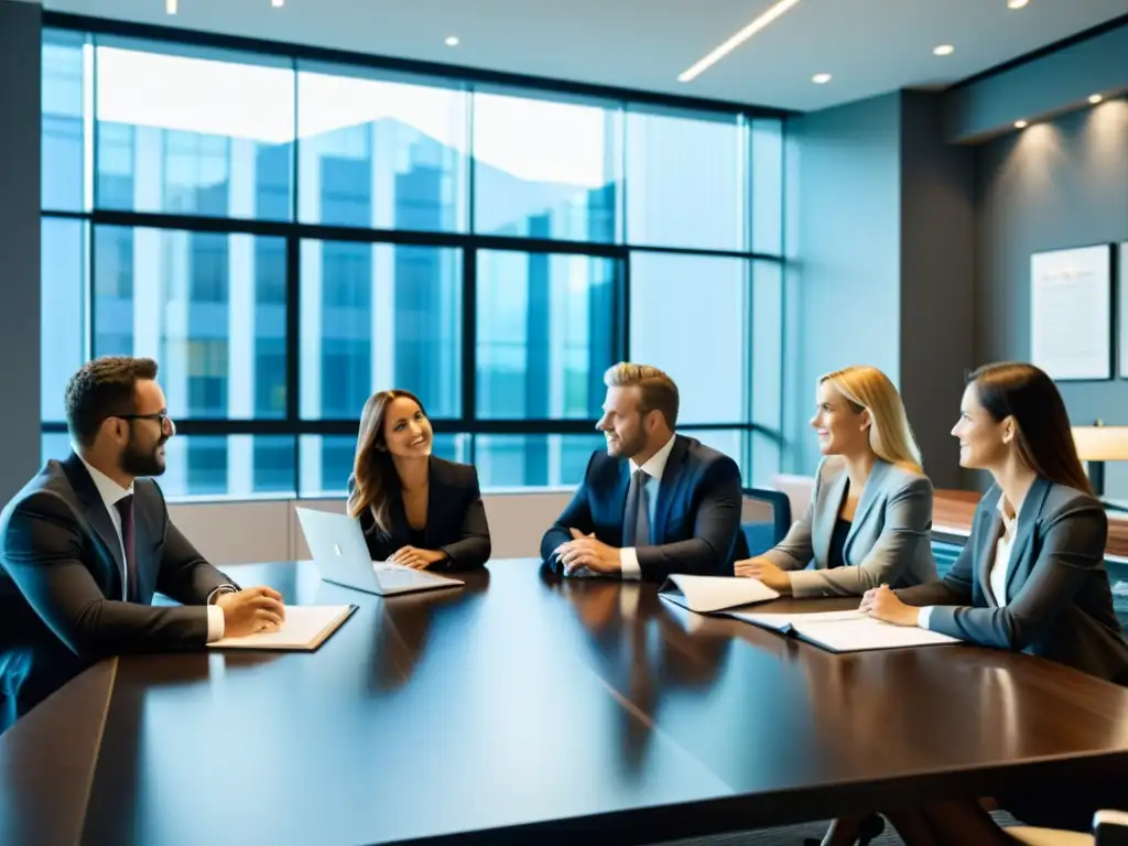 Equipo de abogados preparando litigio propiedad intelectual en una sala moderna con luz natural, concentración y determinación