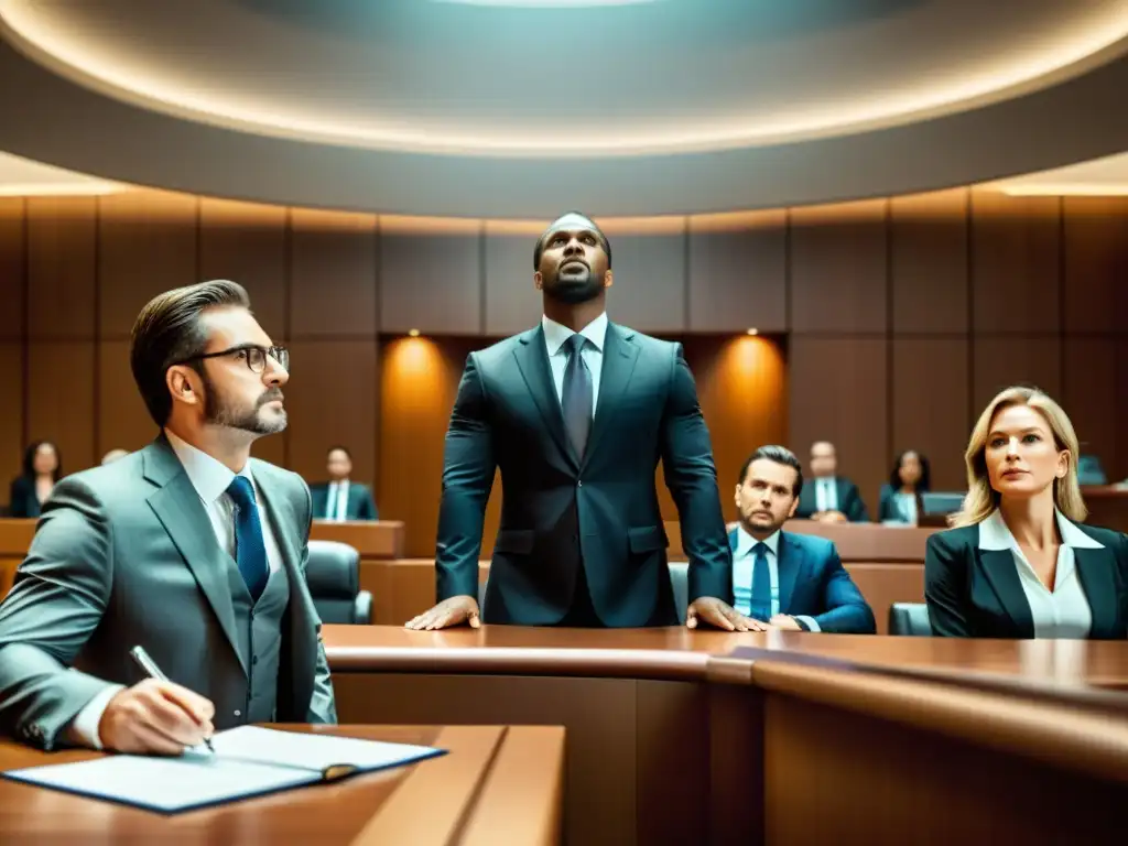 Un equipo de abogados defiende apasionadamente la marca en un tribunal moderno, exudando profesionalismo y determinación