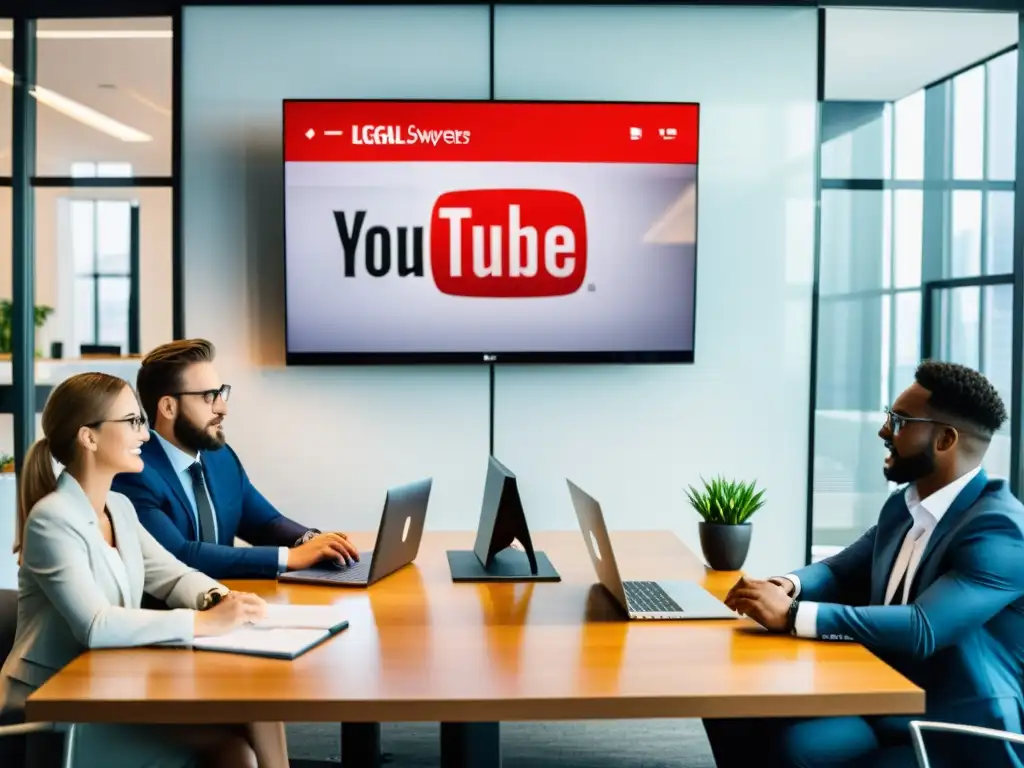 Un equipo de abogados en una oficina moderna y elegante discutiendo estrategias legales para la protección de derechos de autor en YouTube