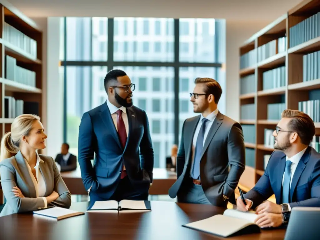 Equipo de abogados de propiedad intelectual en una oficina moderna, discutiendo estrategias rodeados de libros y documentos legales