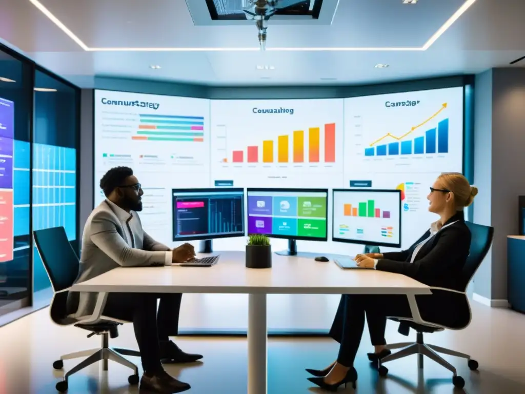 Equipo de analistas colaborando en una oficina moderna, analizando estrategias de marcas en Big Data con gráficos coloridos