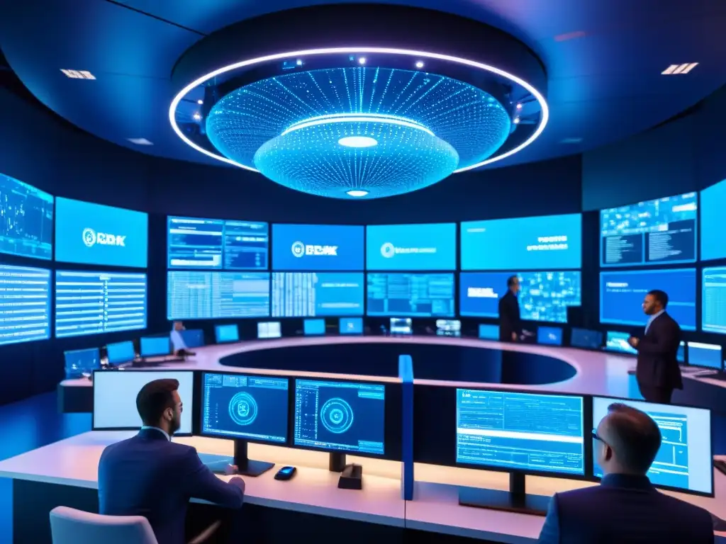 Equipo de ciberseguridad monitoreando desafíos ciberseguridad propiedad intelectual en centro de operaciones en ambiente futurista azul