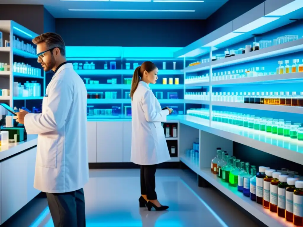 Equipo científico en laboratorio farmacéutico moderno con tecnología innovadora y estantes de compuestos químicos