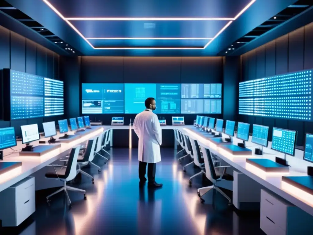 Equipo científico en laboratorio futurista enfocado en edición genética