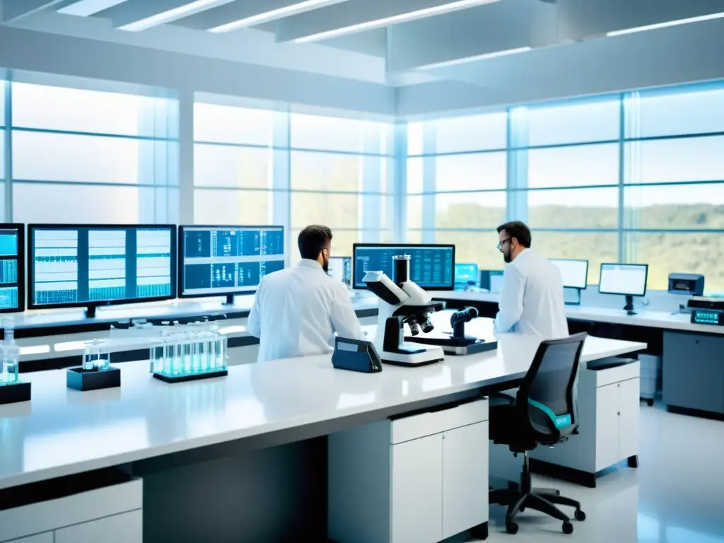 Equipo científico en laboratorio moderno, con avanzados equipos biotecnológicos
