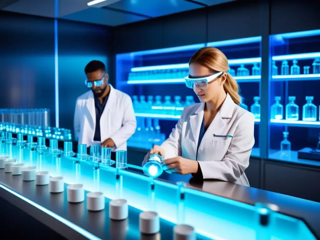 Equipo de científicos examina compuesto farmacéutico futurista en laboratorio de alta tecnología