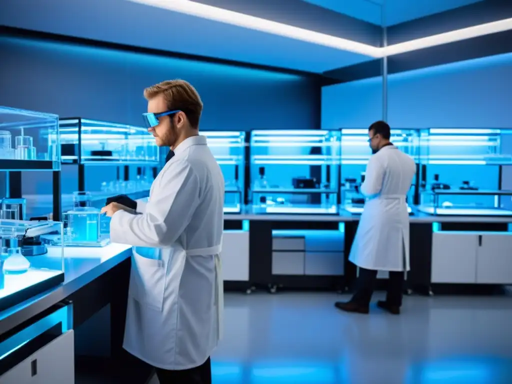 Un equipo de científicos en un laboratorio de biotecnología de vanguardia, rodeados de tecnología moderna y un ambiente futurista