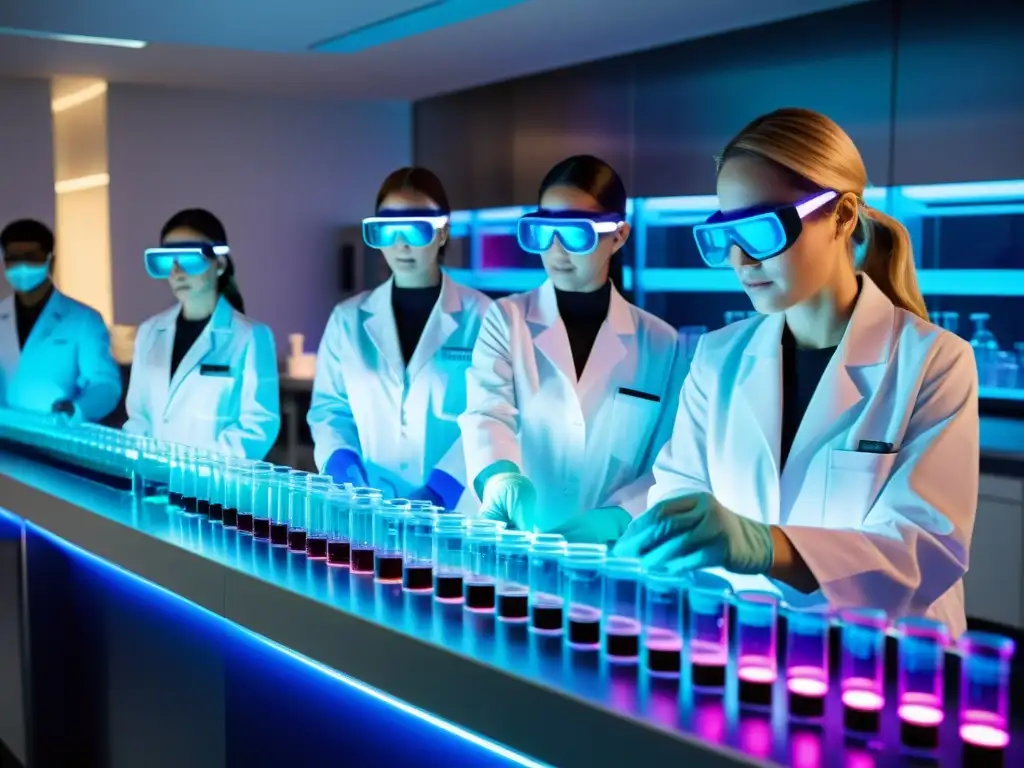 Equipo de científicos en laboratorio de biotecnología de vanguardia examinando descubrimientos genéticos