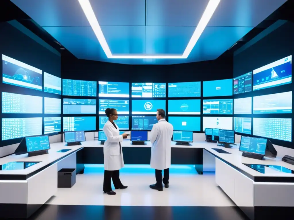 Equipo de científicos en un laboratorio farmacéutico futurista, trabajando en investigación de vanguardia