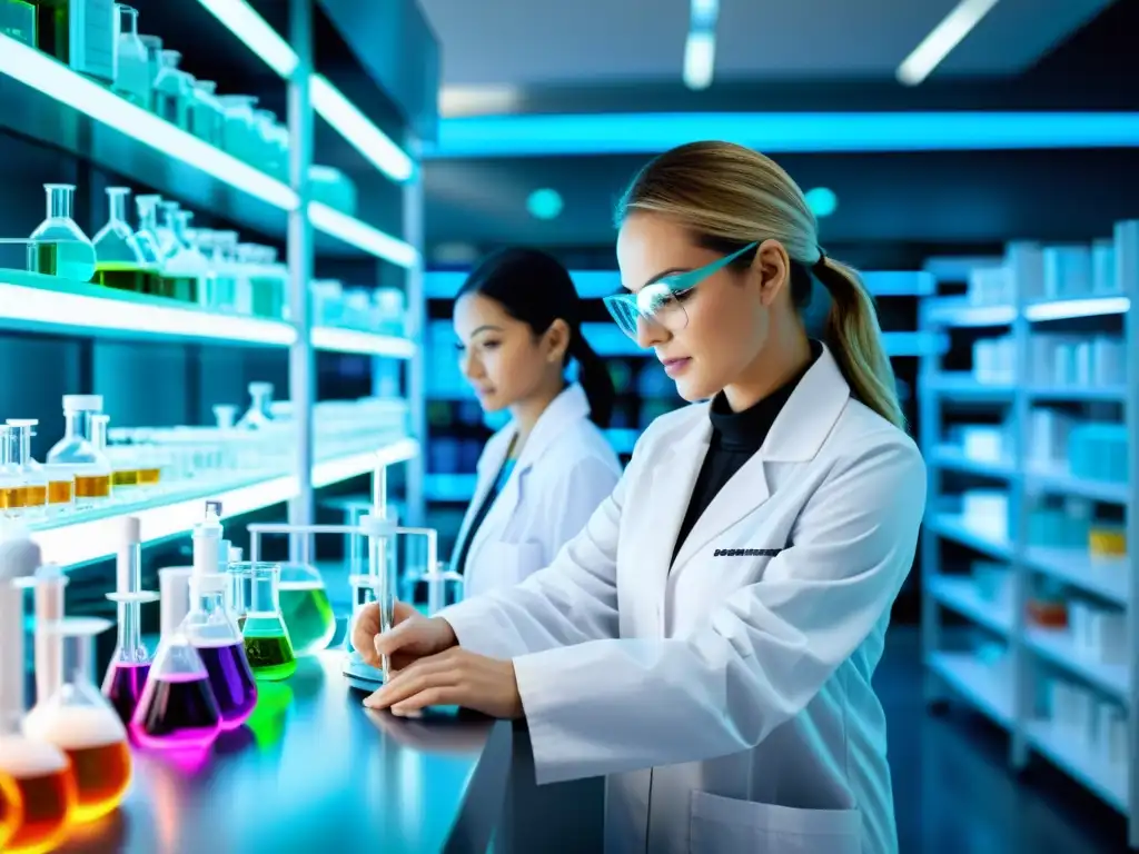 Equipo de científicos en un laboratorio farmacéutico con tecnología avanzada y compuestos químicos coloridos en estantes