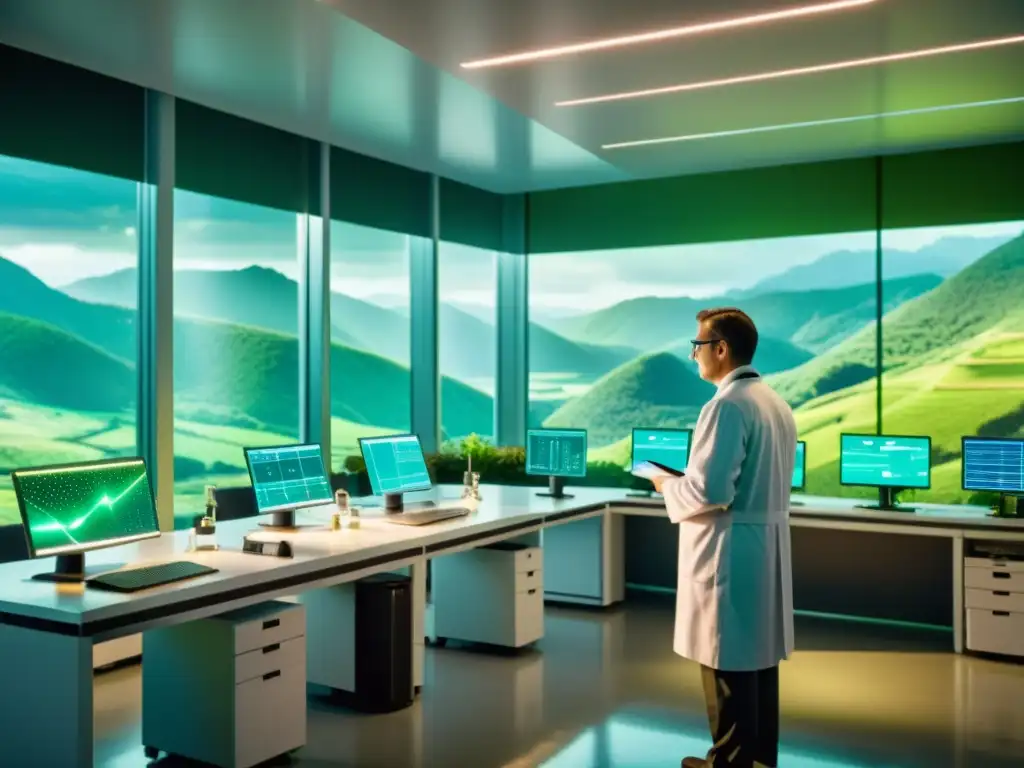 Equipo de científicos en laboratorio moderno con tecnología futurista y hologramas, iluminados por luz natural