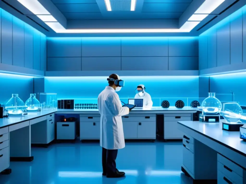 Equipo de científicos en laboratorio de nanotecnología, investigando con precisión y enfoque