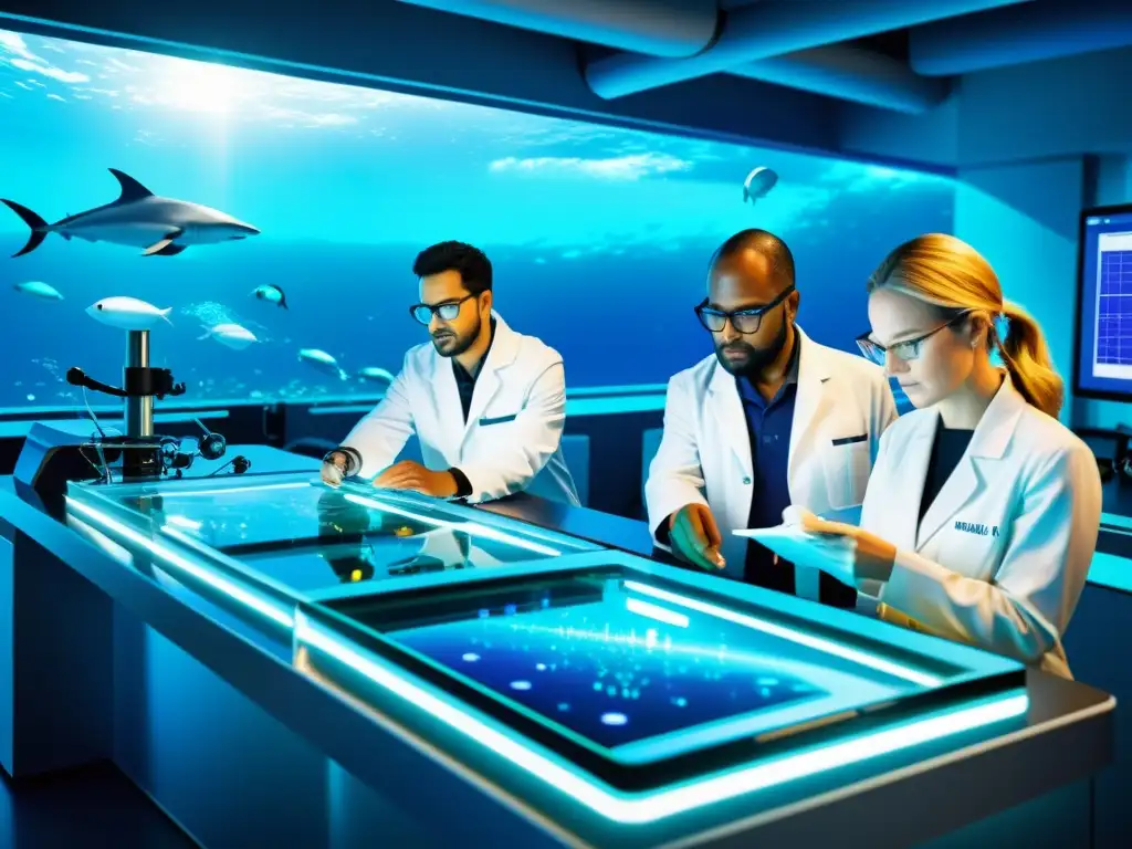Equipo de científicos y tecnología en laboratorio de conservación oceánica