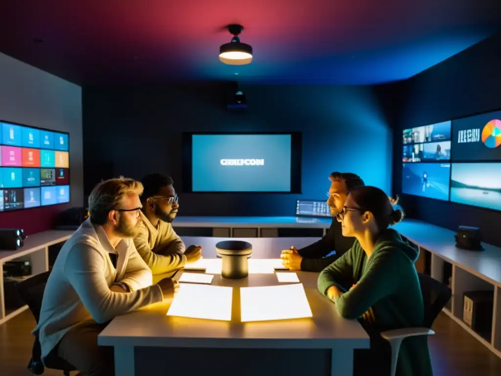Un equipo de cineastas concentrados en una sala de edición, rodeados de monitores y equipo cinematográfico