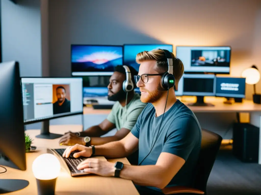 Un equipo de creadores de contenido trabaja con intensidad en un moderno espacio de oficina, destacando la dedicación profesional