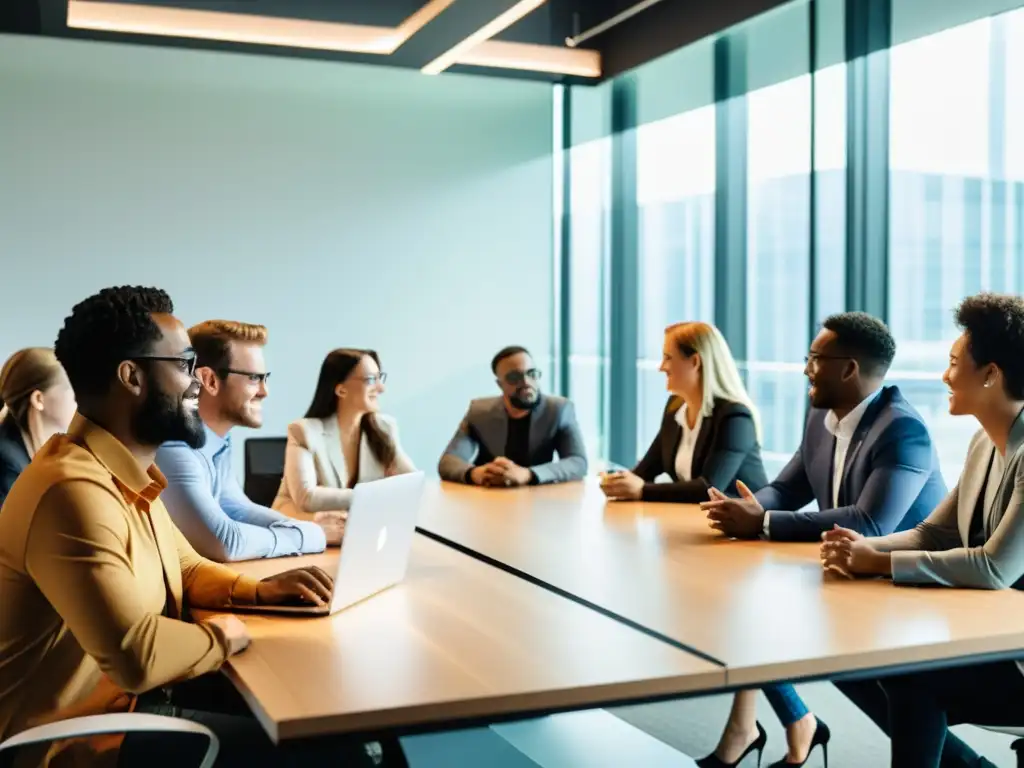 Equipo de desarrolladores profesionales debatiendo sobre la licencia GPL en una oficina moderna y luminosa