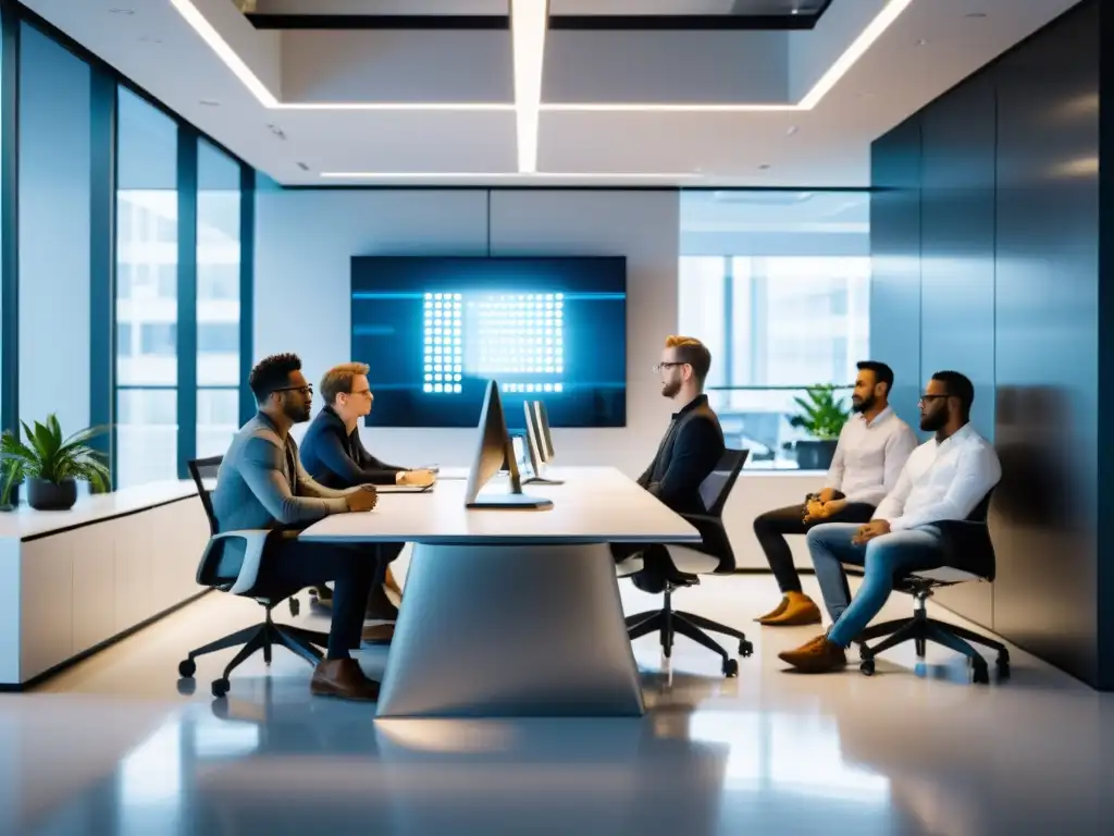 Equipo de desarrolladores de software enfocados colaborando en un proyecto innovador en una oficina moderna llena de luz natural