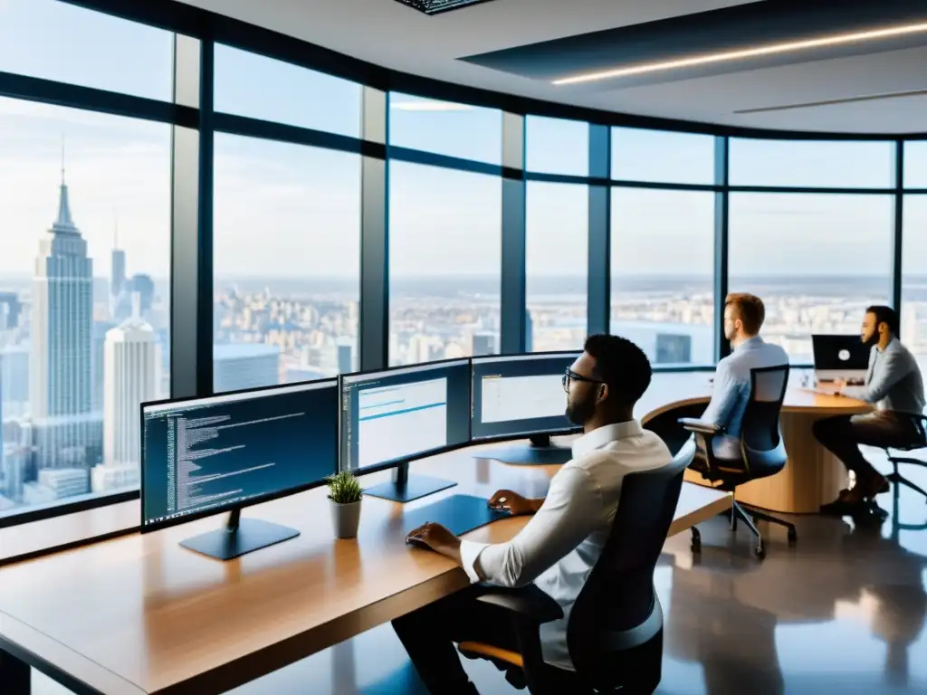 Equipo de desarrolladores de software colaborando en una oficina moderna, con vistas a la ciudad