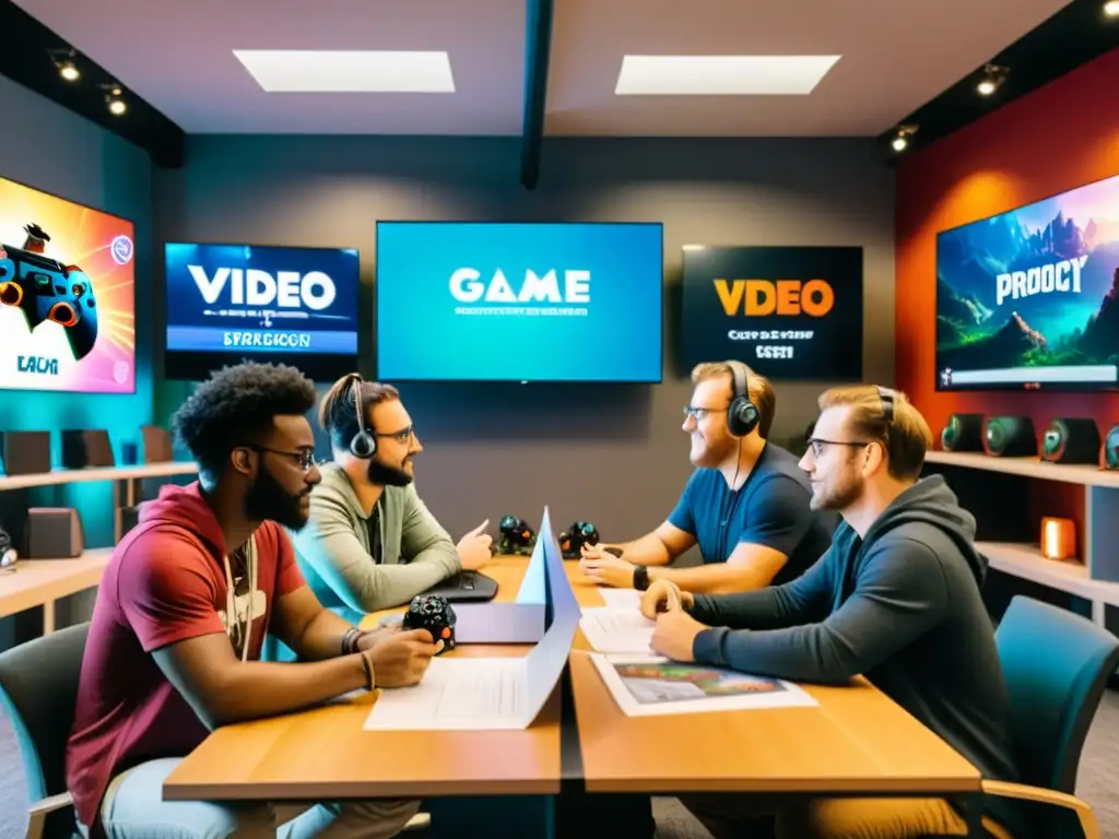 Un equipo de desarrolladores de videojuegos discute contratos legales y conceptos creativos rodeados de arte y pantallas de código