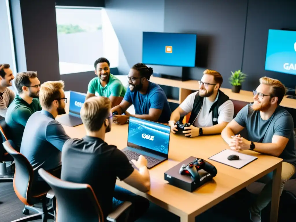 Reunión creativa de desarrolladores de videojuegos Un equipo de desarrolladores de videojuegos y diseñadores discuten animadamente ideas para un nuevo juego